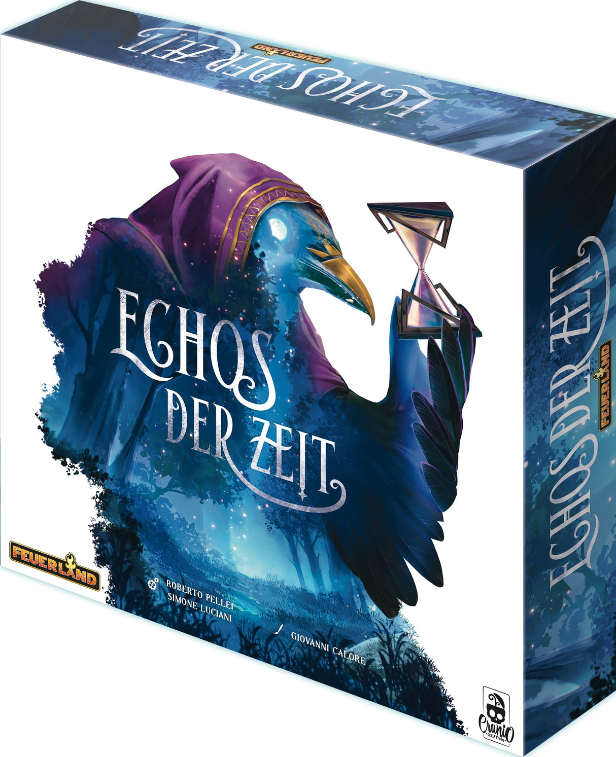 Echos der Zeit Brettspiel Schachtel mit mystischem Raben und Sanduhr