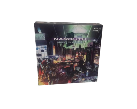 Nanolith Deluxe Erweiterung Brettspiel Box mit futuristischer Cityscape