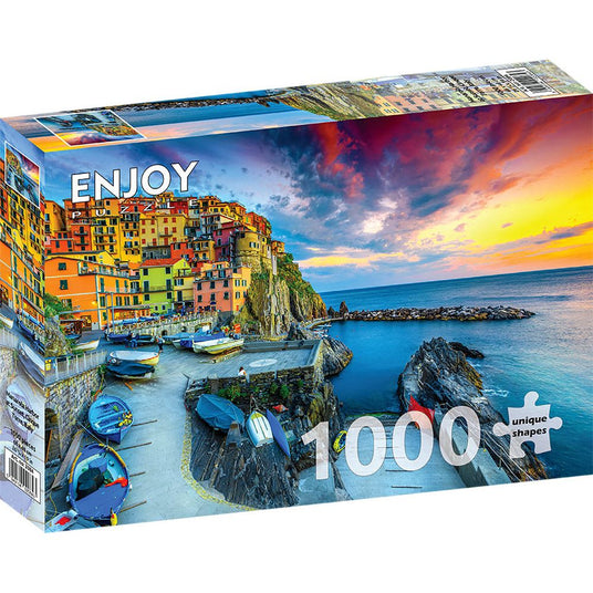 ENJOY Puzzle | 1000 Teile | Hafen von Manarola bei Sonnenuntergang, Cinque Terre, Italien