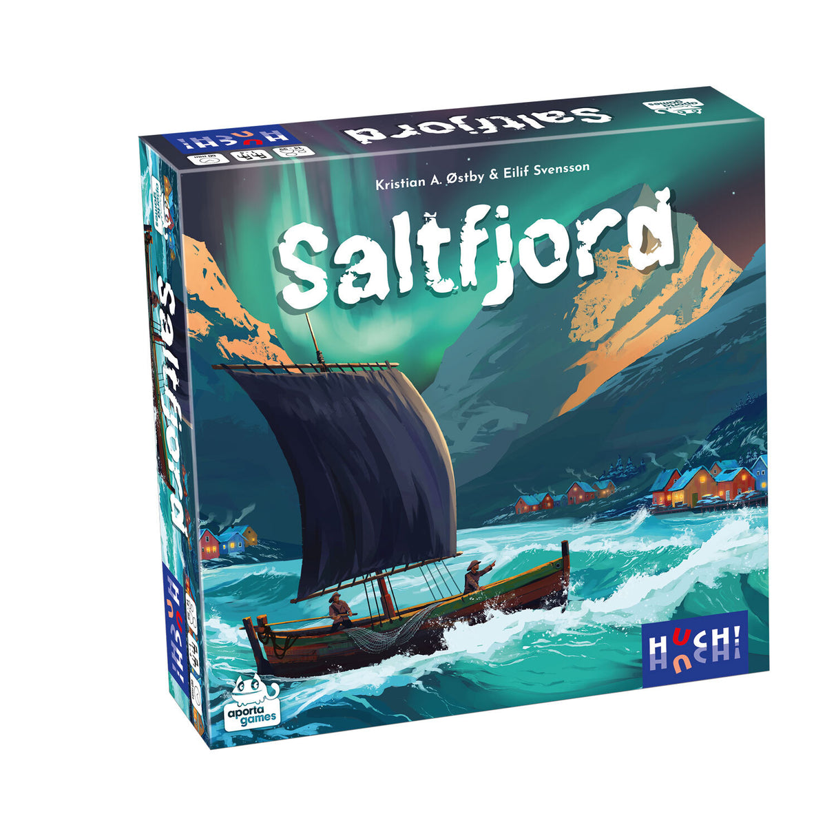 Saltfjord Brettspiel Box mit Wikingerschiff und Nordlichtern