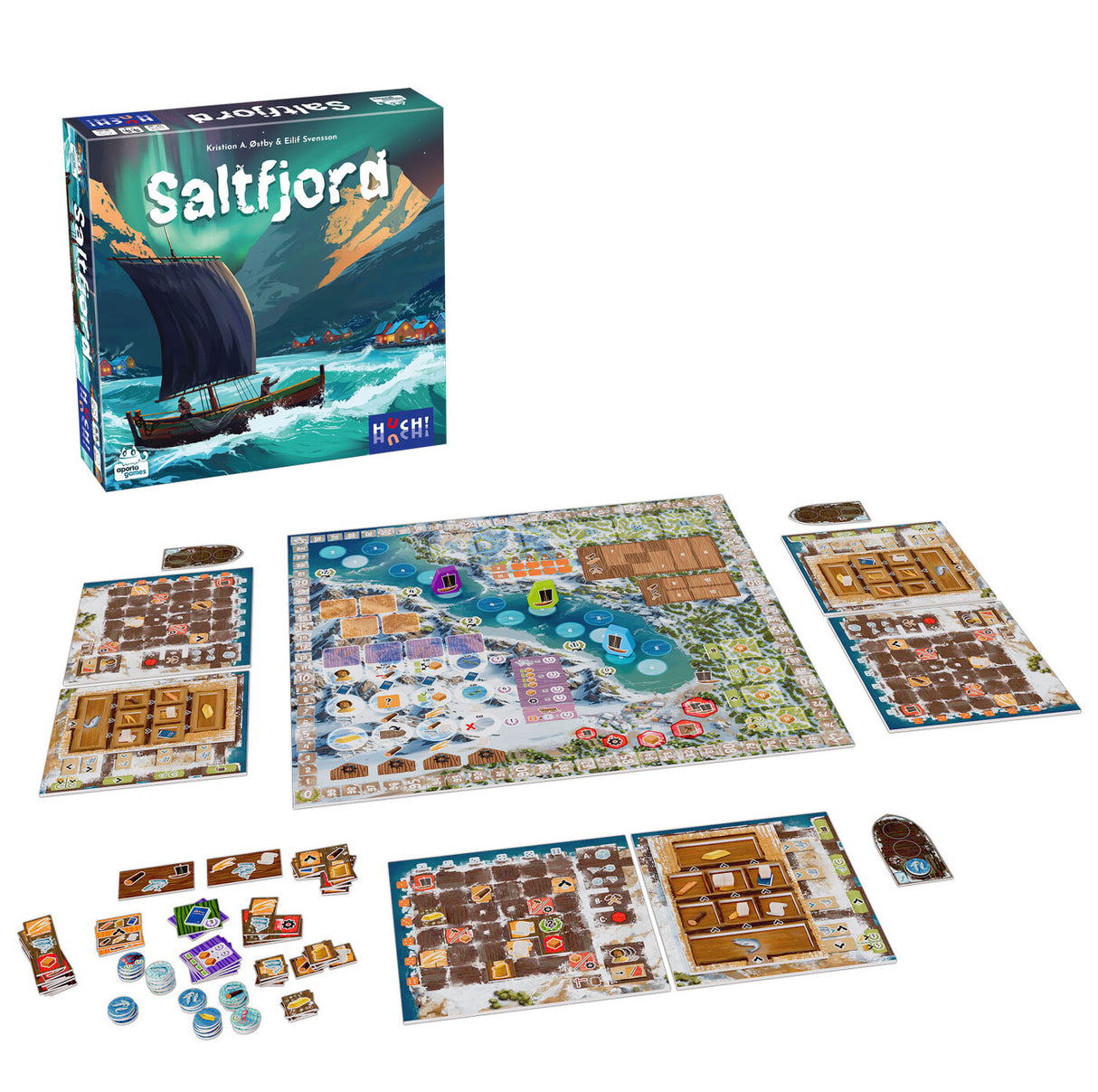 Saltfjord Brettspiel mit Spielplan, Karten, Spielsteinen und Zubehör