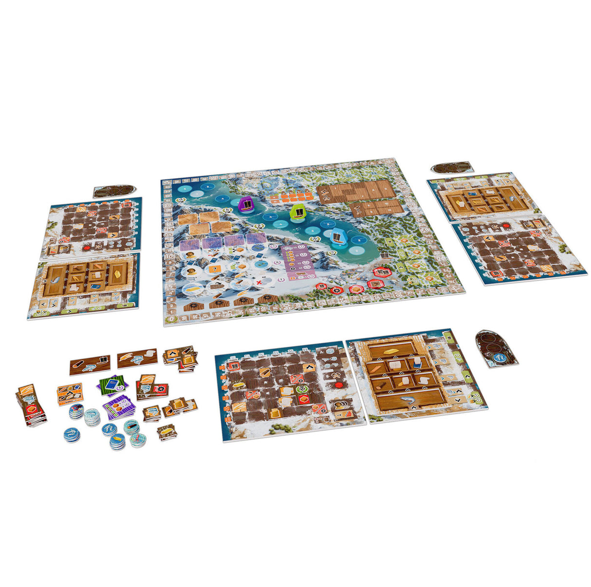 Saltfjord Brettspiel Komponenten mit Spielplänen und Spielmaterialien