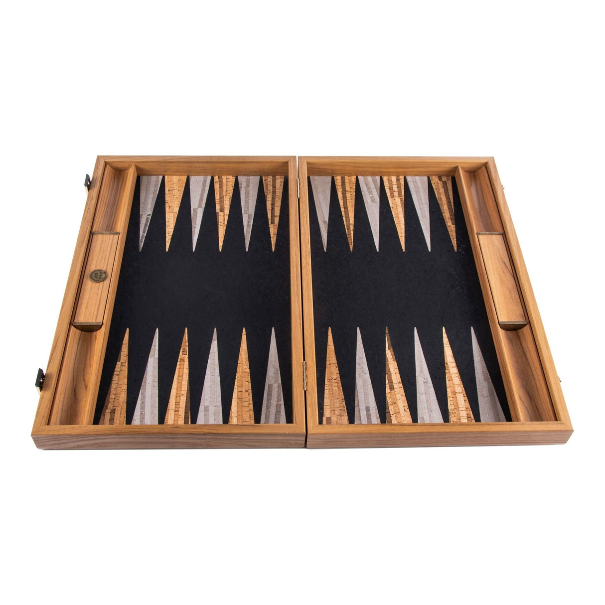Handgemachtes Backgammon-Set aus schwarzem Naturkork und Eichenholz. Größe 30x17cm