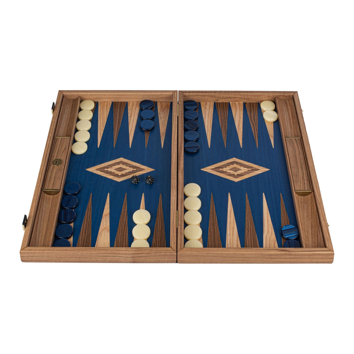 Backgammon | Walnuss - Blaue Eiche mit Nussbaum & Eichenholzspitzen | 48x30cm
