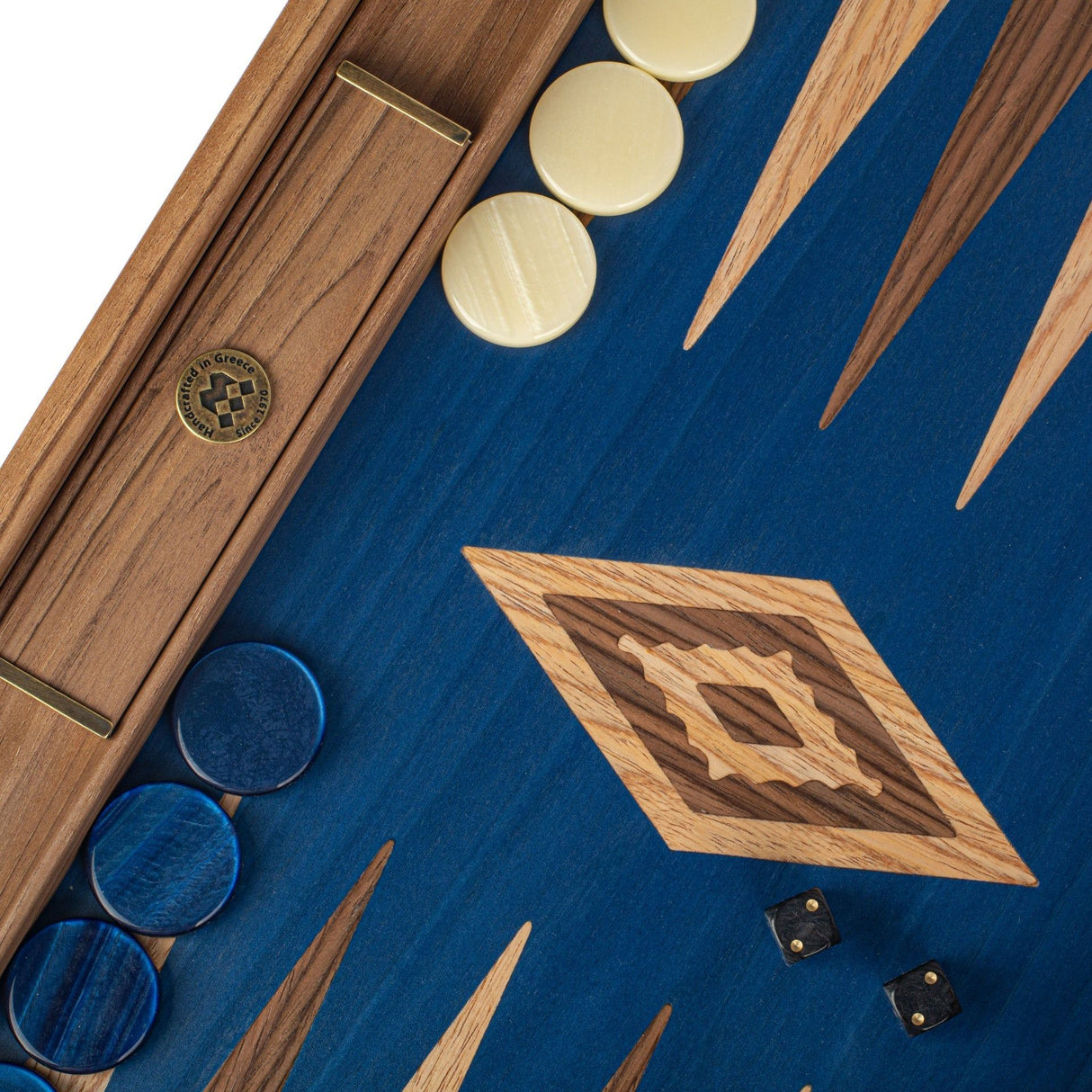 Backgammon | Walnuss - Blaue Eiche mit Nussbaum & Eichenholzspitzen | 48x30cm