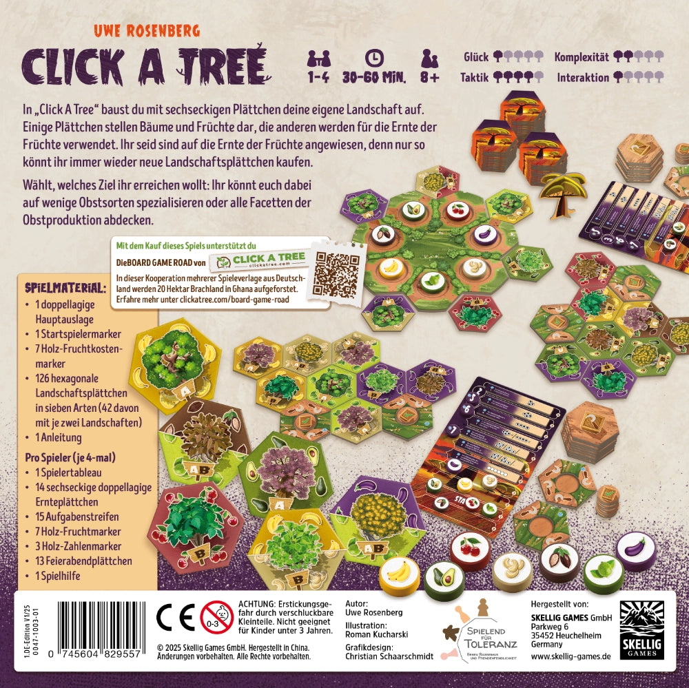 Click a Tree Brettspiel: Landschaftsplättchen, Früchte und Spielmaterial