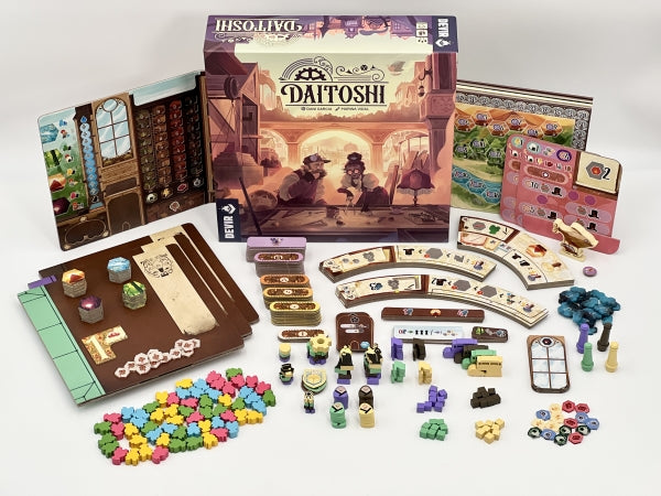 # Daitoshi Brettspiel von Skellig Games mit Komponenten und SpielmaterialDaitoshi Gesellschaftsspiel mit Spielbrett, Spielfiguren und Zubehör vollständig ausgebreitet