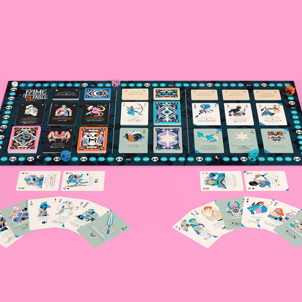 Fame & Fable Circus Board Game mit Spielkarten und Spielbrett auf Rosa