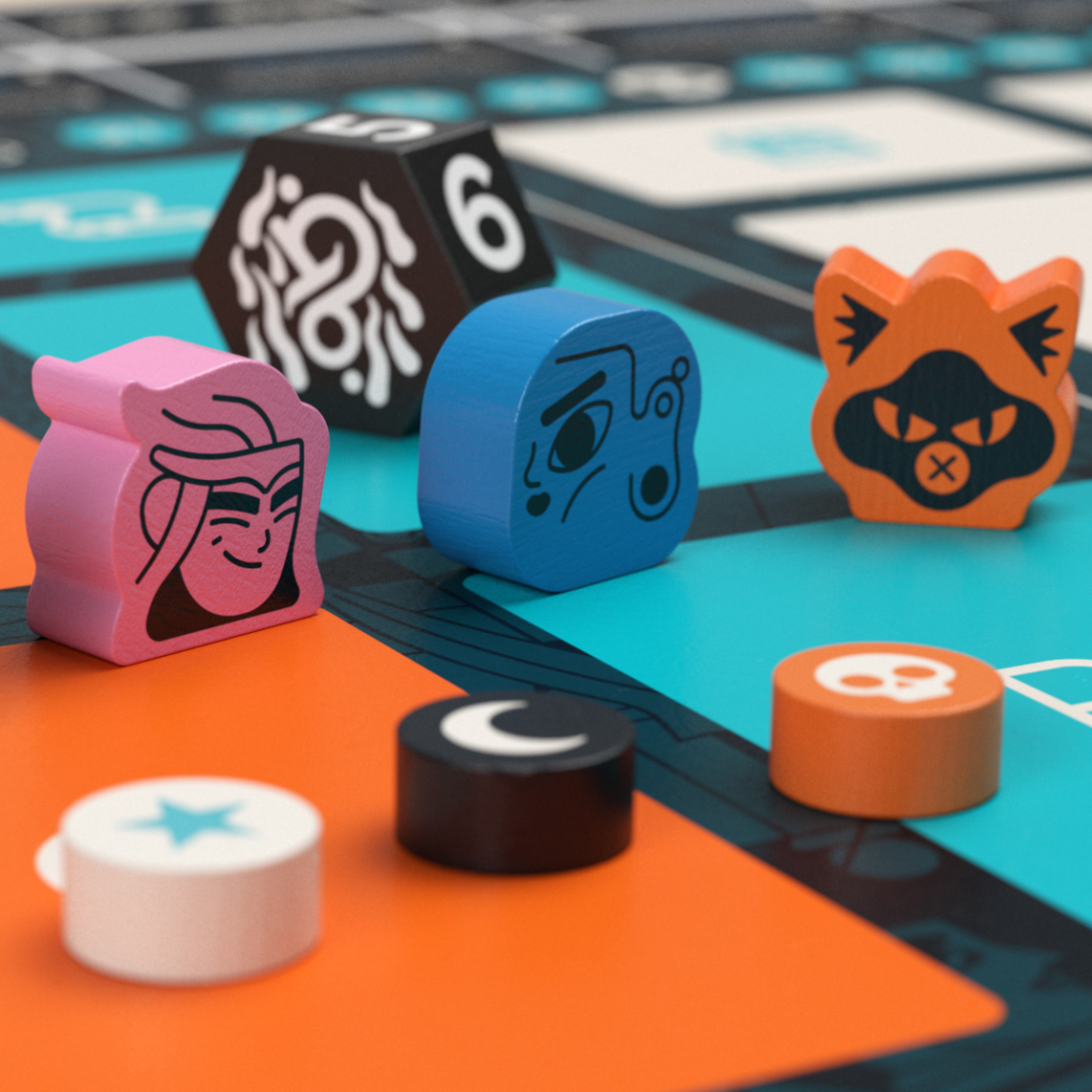Bunte Spielfiguren und Marker des Brettspiel Circus Fame & Fable auf Spielbrett
