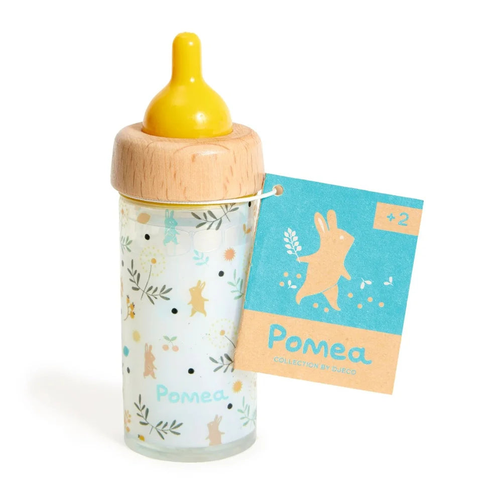 POMEA Puppen Zauberfläschchen mit Holzsauger und Verpackung ; Pomea Zauberfläschchen Puppenflaschenset mit gelbem Sauger und Blumenmuster