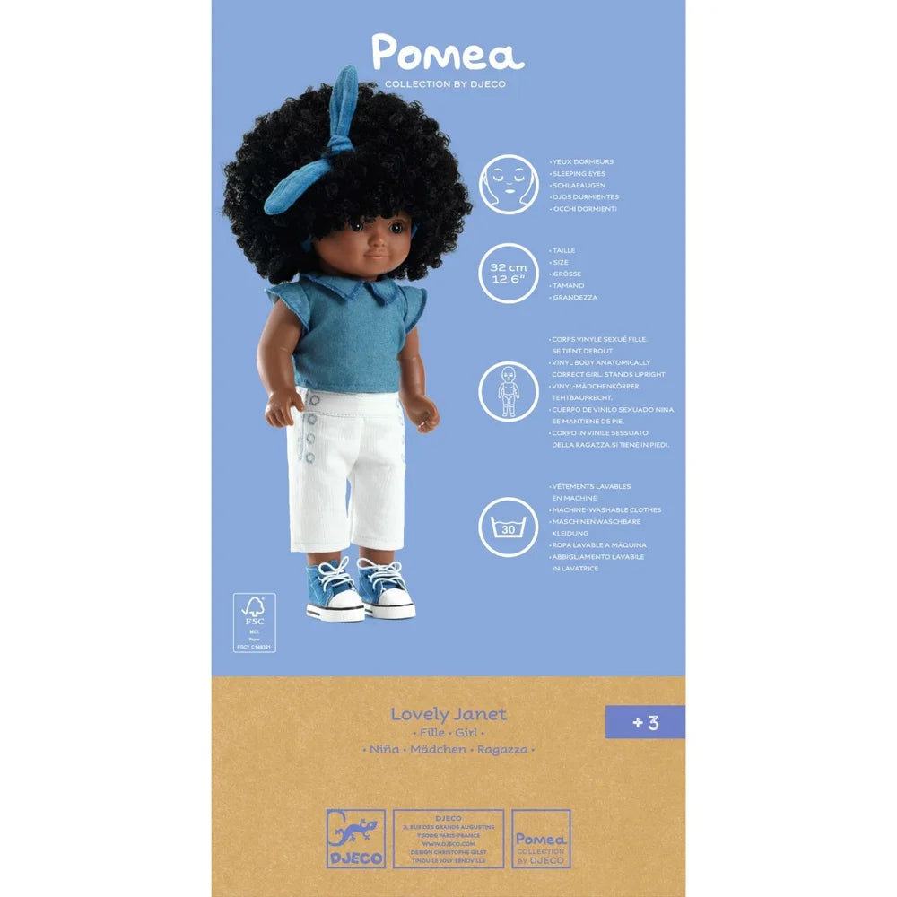 POMEA Puppe Lovely Janet mit schwarzen Locken und blauem Outfit ; Pomea Puppe Lovely Janet mit schwarzen Locken und blauem Outfit ; POMEA Puppe Lovely Janet mit lockigem schwarzem Haar von hinten