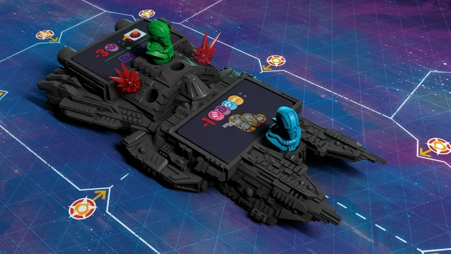 Skellig Games Revenant Spielset mit Raumschiff und grüner Figur auf digitalem Hintergrund