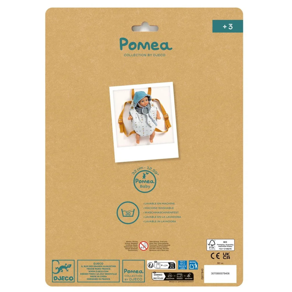 POMEA Puppentrage Blue Gray mit Muster, Djeco Kollektion ; POMEA Puppentrage Blue Gray für 32-42cm Puppen, maschinenwaschbar ; POMEA Puppentrage Blue Gray mit gelben Trägern und Hörnern ; POMEA Puppentrage Blue Gray mit Puppe und gelbem Tragesystem