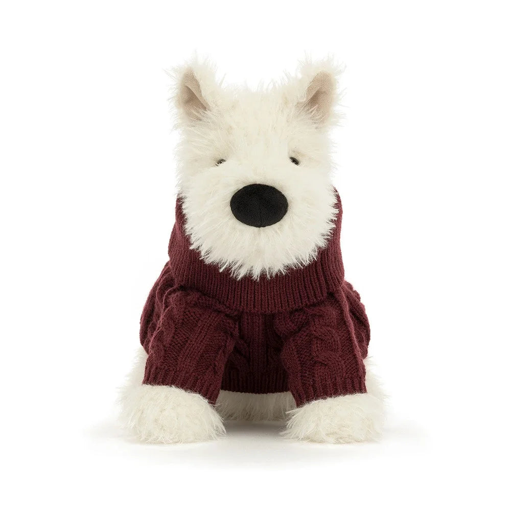 Weißer Jellycat Munro Scottie Dog mit burgundy Winterpullover