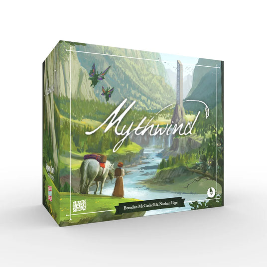 Mythwind Brettspiel Box mit Fantasy-Landschaft und Designern McCaskell Ligé