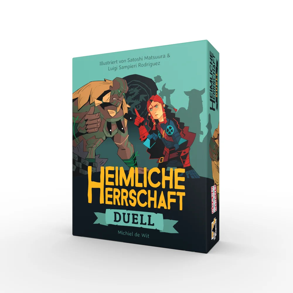 Heimliche Herrschaft Duell Brettspiel Box mit Charakteren Illustration