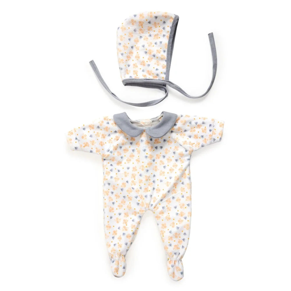 POMEA Puppenkleidung Paloma Strampler mit Kragen, Blumenmuster, 18M ; Pomea Paloma Puppenkleidung Set mit Mütze und Tasche für 18 Monate ; POMEA Puppenkleidung Paloma Set: Strampler, Mütze und Kragen ; POMEA Paloma Puppenkleidung: Babypuppe mit grauem Mütze und gemustertem Strampler