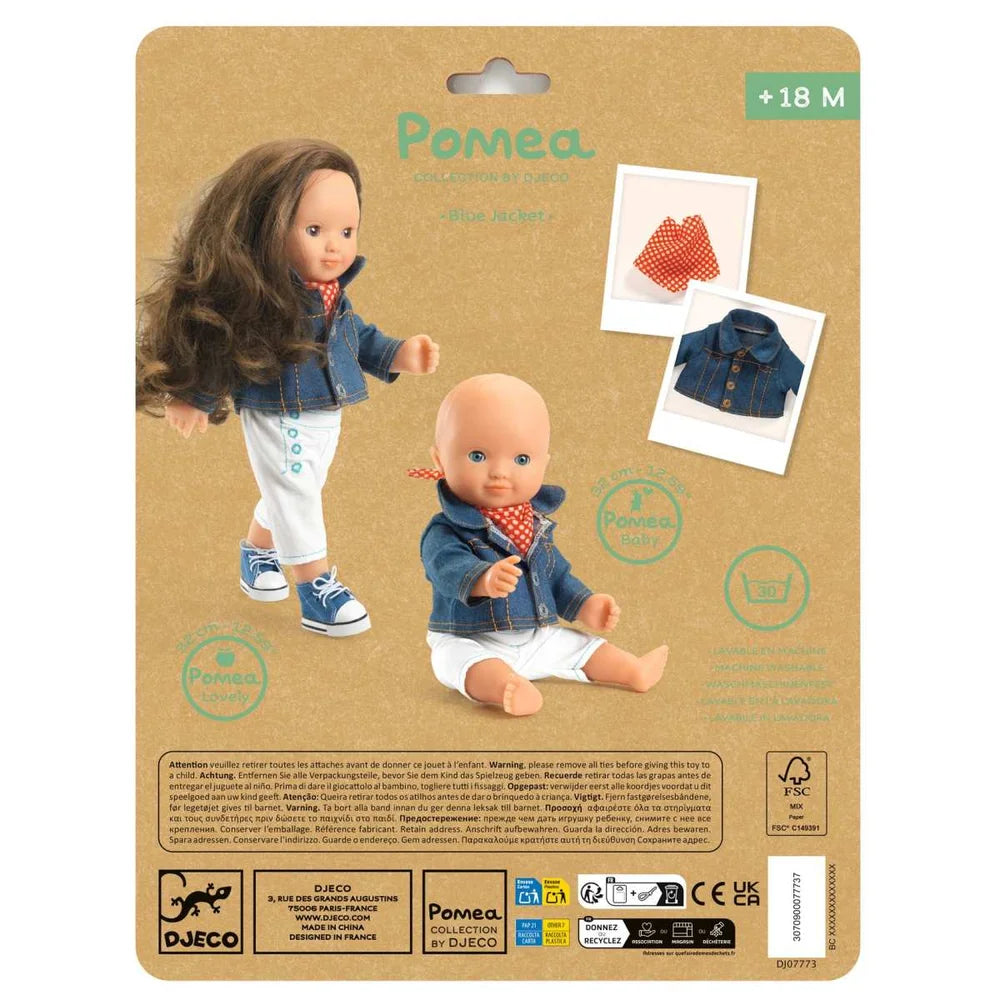 POMEA Puppenkleidung Jeansjacke mit rotem Pünktchentuch ; POMEA Puppenkleidung Jacke Denim Jeans blau für Puppen ; # Alt-Text:POMEA Puppenkleidung Set: Denim-Jacke mit rotem Polka-Dot-Kopftuch ; # POMEA Puppenkleidung Jacke: Denim-Jacke mit rotem Halstuch für PuppenOder kürzer:# Puppe trägt blaue Denim-Jacke, weiße Hose und Sneaker ; POMEA Puppenkleidung Jacke blau weiß rote Bandana Puppe