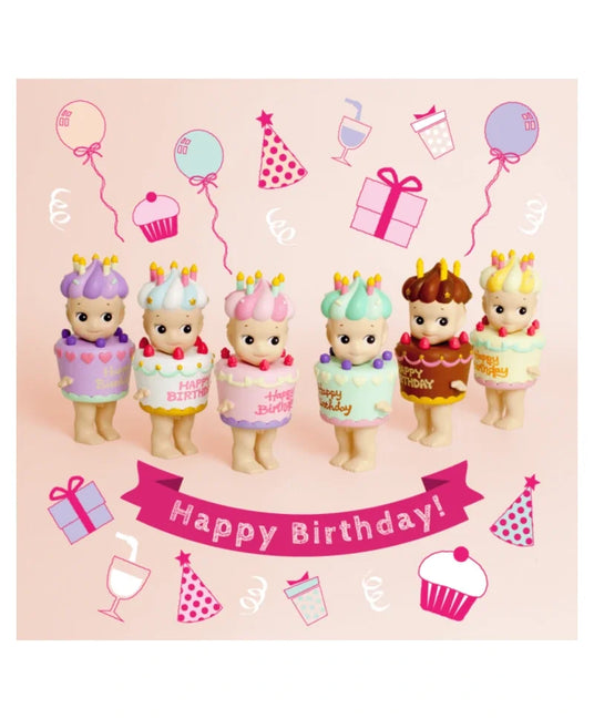 Sonny Angel Happy Birthday Serie mit sechs Puppen und Geburtstagsdeko