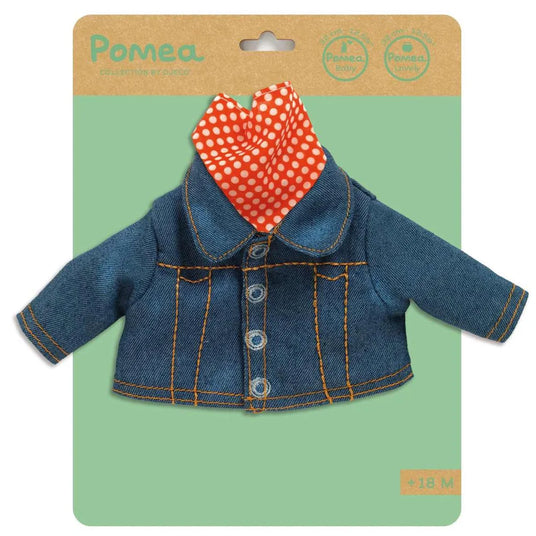 POMEA Puppenkleidung Jeansjacke mit rotem Pünktchentuch ; POMEA Puppenkleidung Jacke Denim Jeans blau für Puppen ; # Alt-Text:POMEA Puppenkleidung Set: Denim-Jacke mit rotem Polka-Dot-Kopftuch ; # POMEA Puppenkleidung Jacke: Denim-Jacke mit rotem Halstuch für PuppenOder kürzer:# Puppe trägt blaue Denim-Jacke, weiße Hose und Sneaker ; POMEA Puppenkleidung Jacke blau weiß rote Bandana Puppe