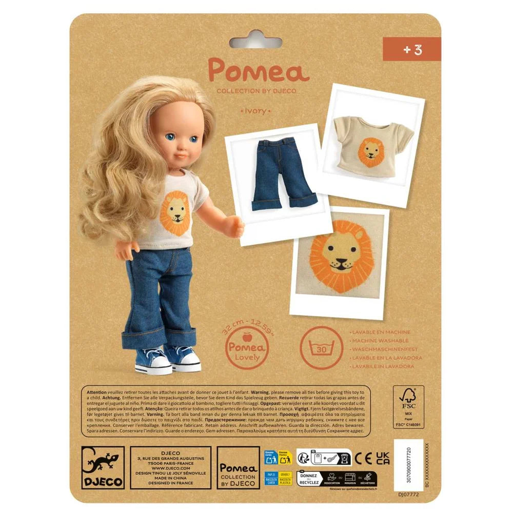 POMEA Puppenkleidung Lovely Ivory mit Löwenshirt und Jeans ; POMEA Puppenkleidung Lovely Ivory mit Löwen-Design für 32cm Puppen ; POMEA Puppenkleidung Lovely Ivory: Löwen-Shirt und Jeans Set ; POMEA Puppe mit blonde Haare, Löwen-Shirt und Jeans-Outfit