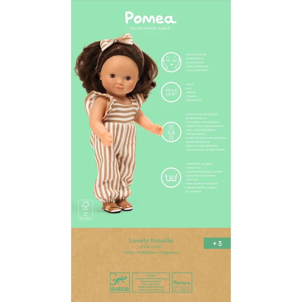 POMEA Puppe Lovely Rosalie mit braunen Haaren und gestreiftem Outfit ; POMEA Puppe Lovely Rosalie 32cm mit braunem Haar und Kleid ; POMEA Puppe Lovely Rosalie mit braunen Haaren und gestreiftem Kleid ; POMEA Puppe Lovely Rosalie von hinten mit braunen Haaren