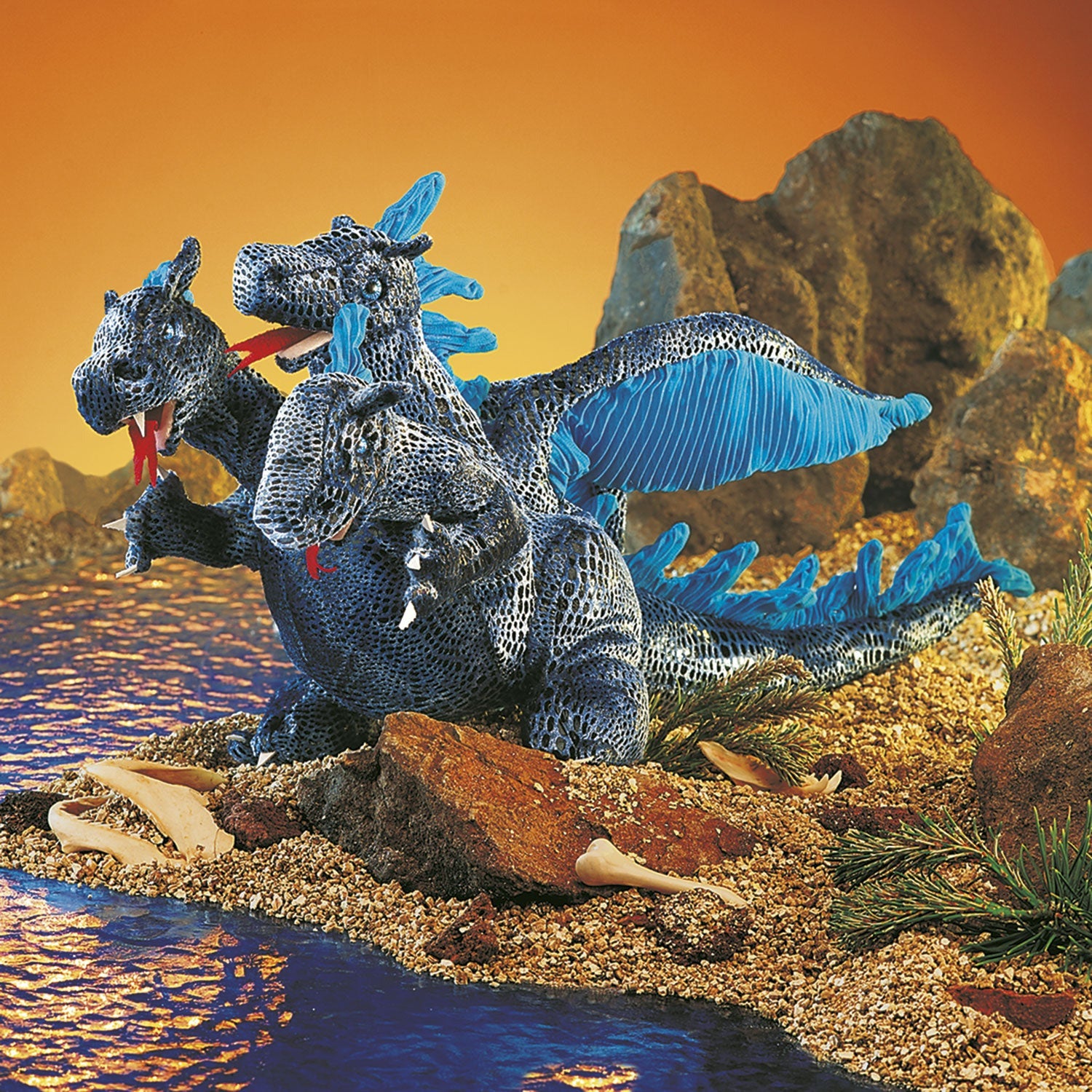 Folkmanis Puppets | Dreiköpfiger Drachen, blau / Blue Three-Headed Dragon