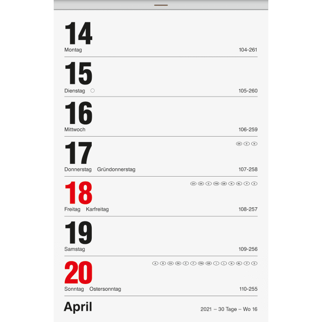Wochenkalender Wandkalender 2021 14 x 21 cm, Schlitzweite 111 mm