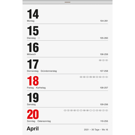 Wochenkalender Wandkalender 2021 14 x 21 cm, Schlitzweite 111 mm