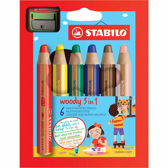 STABILO woody 3in1 Farbstift 6er Etui mit Spezialspitzer
