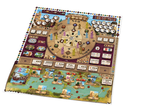 # Sabika Brettspiel von Strohmann Games mit Spielplan und KomponentenStrohmann Games Sabika Brettspiel Übersicht mit Spielfeld und Zubehör