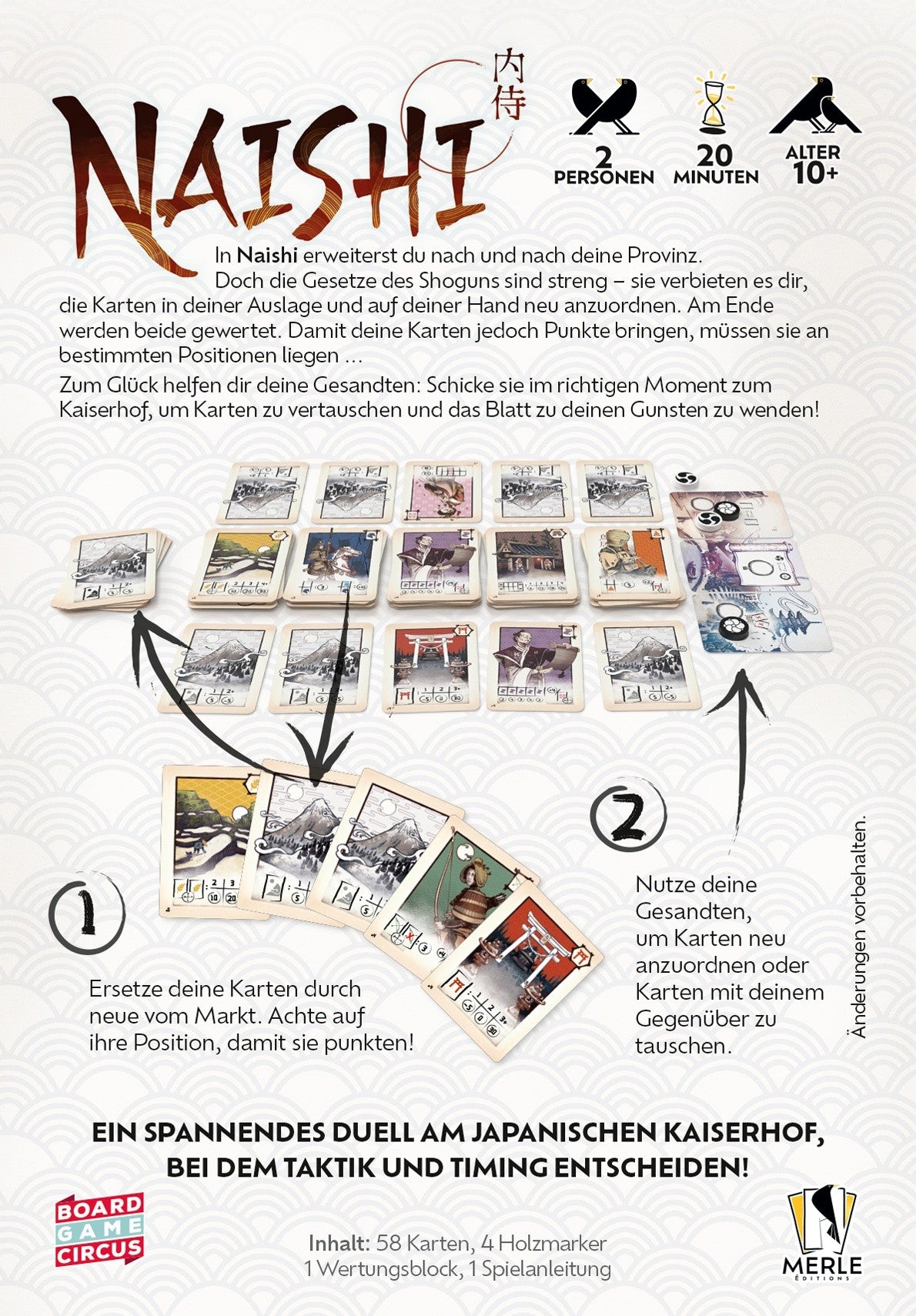 Naishi Brettspiel mit Karten und Spielkomponenten für zwei Spieler