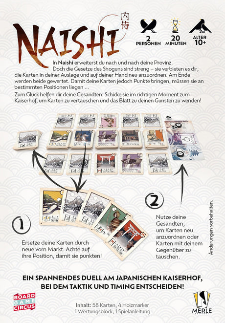 Naishi Brettspiel mit Karten und Spielkomponenten für zwei Spieler