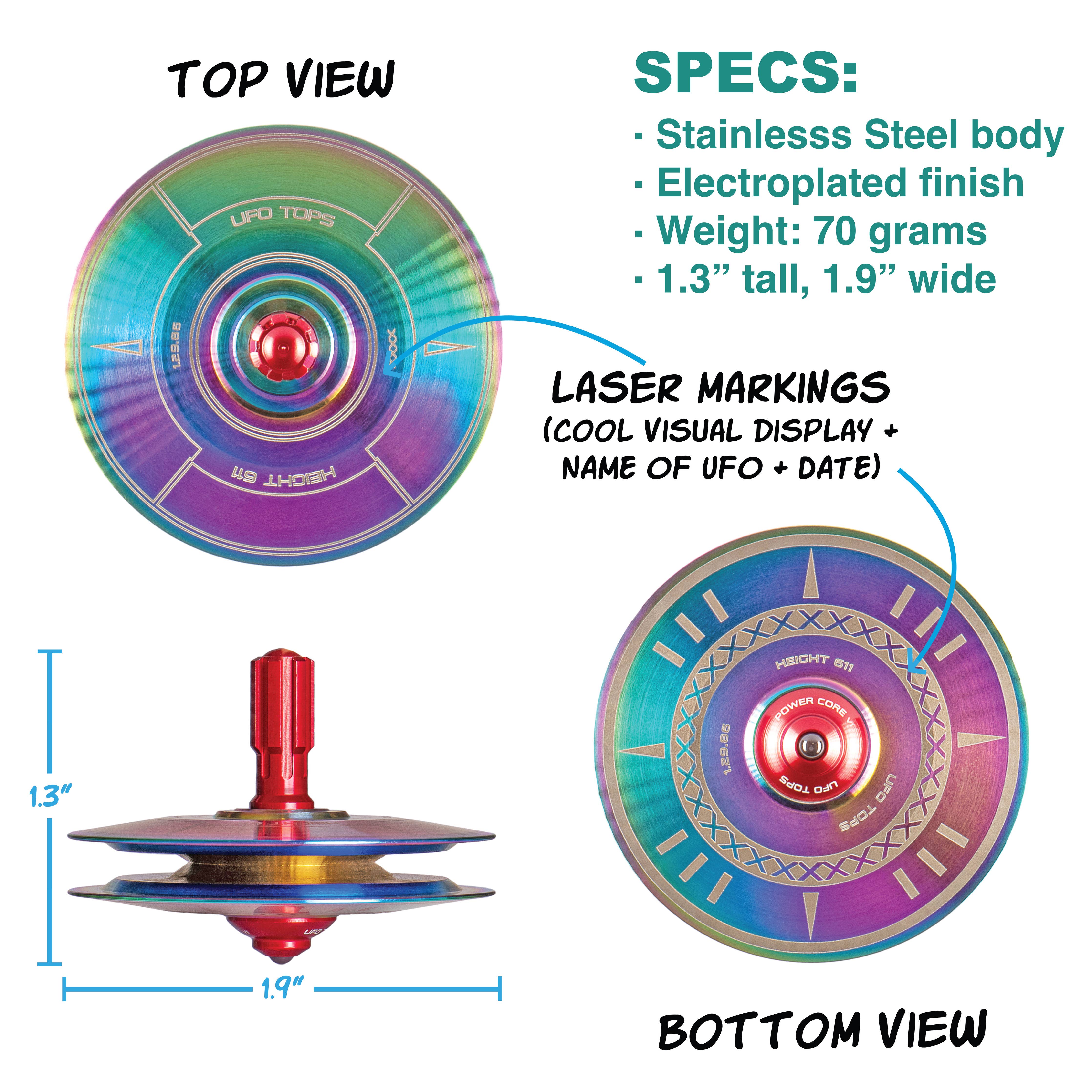 UFO Tops | Height 611 | Kreisel aus Metall: Psychedelischer Stahl