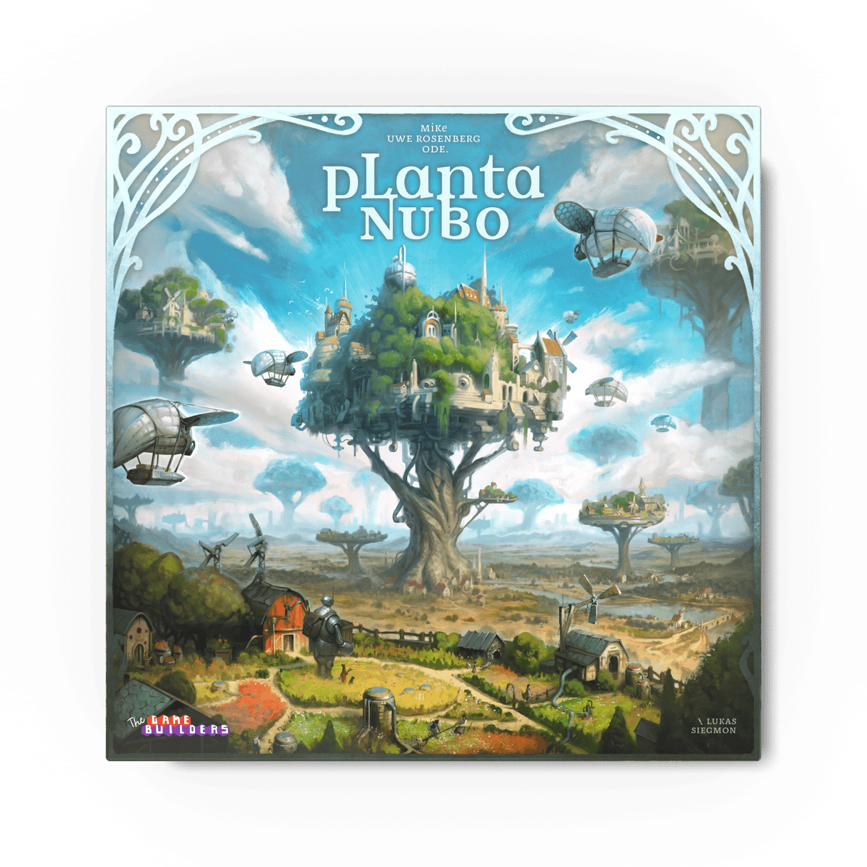 Planta Nubo Brettspiel Schachtelcover mit Luftschiffen und Baum