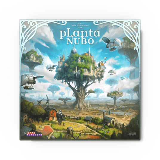 Planta Nubo Brettspiel Schachtelcover mit Luftschiffen und Baum