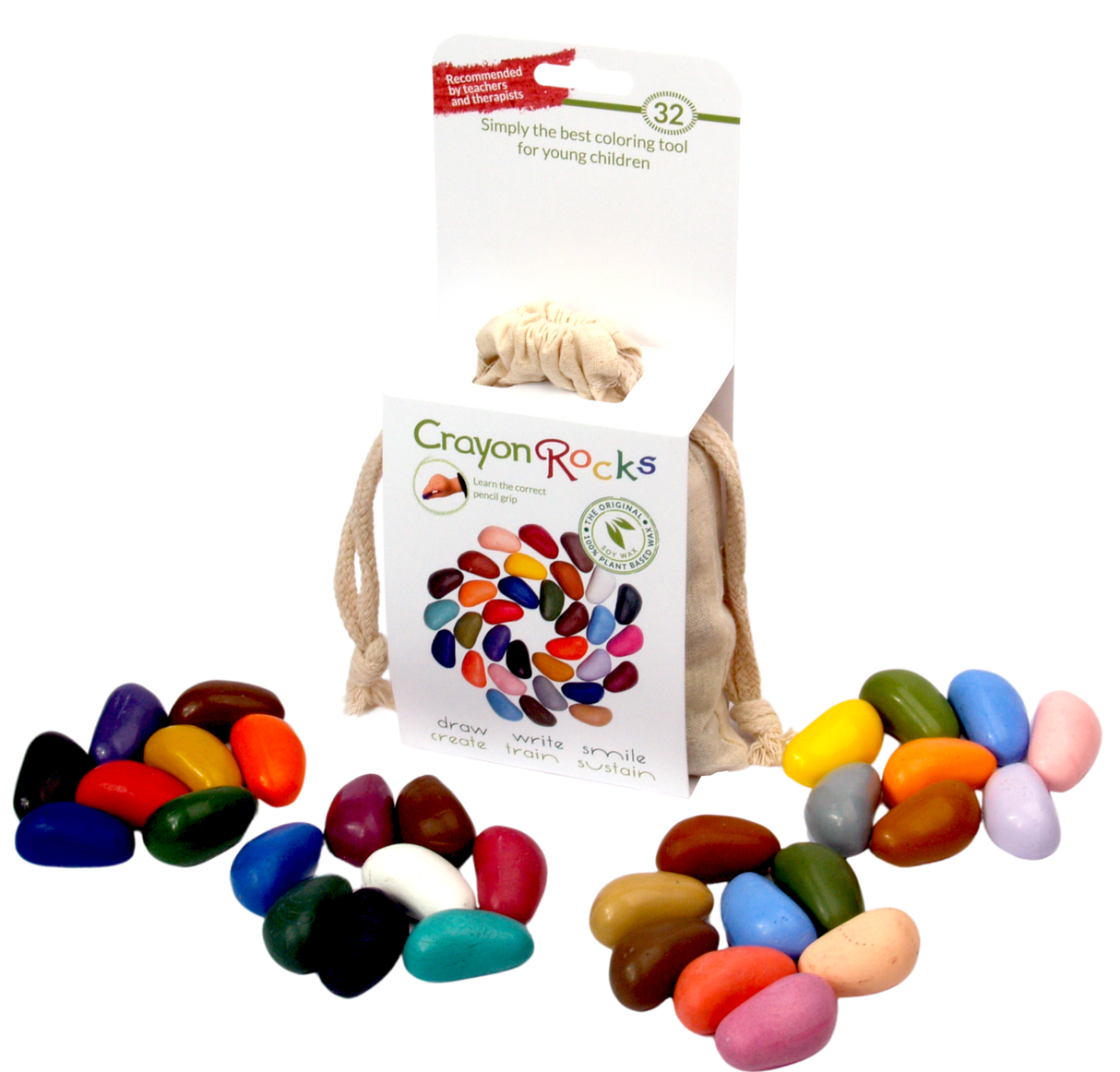 Crayon Rocks EU - 32 Wachsmalstifte in ecrufarbenem Baumwollsäckchen