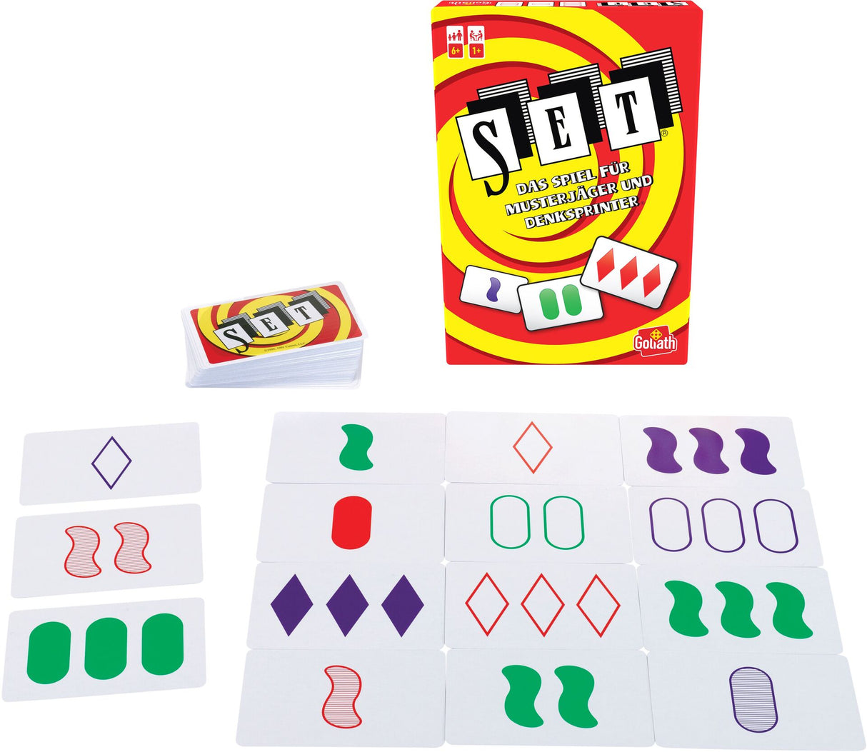Goliath SET Kartenspiel mit Schachteln und Spielkarten auf weißem Hintergrund