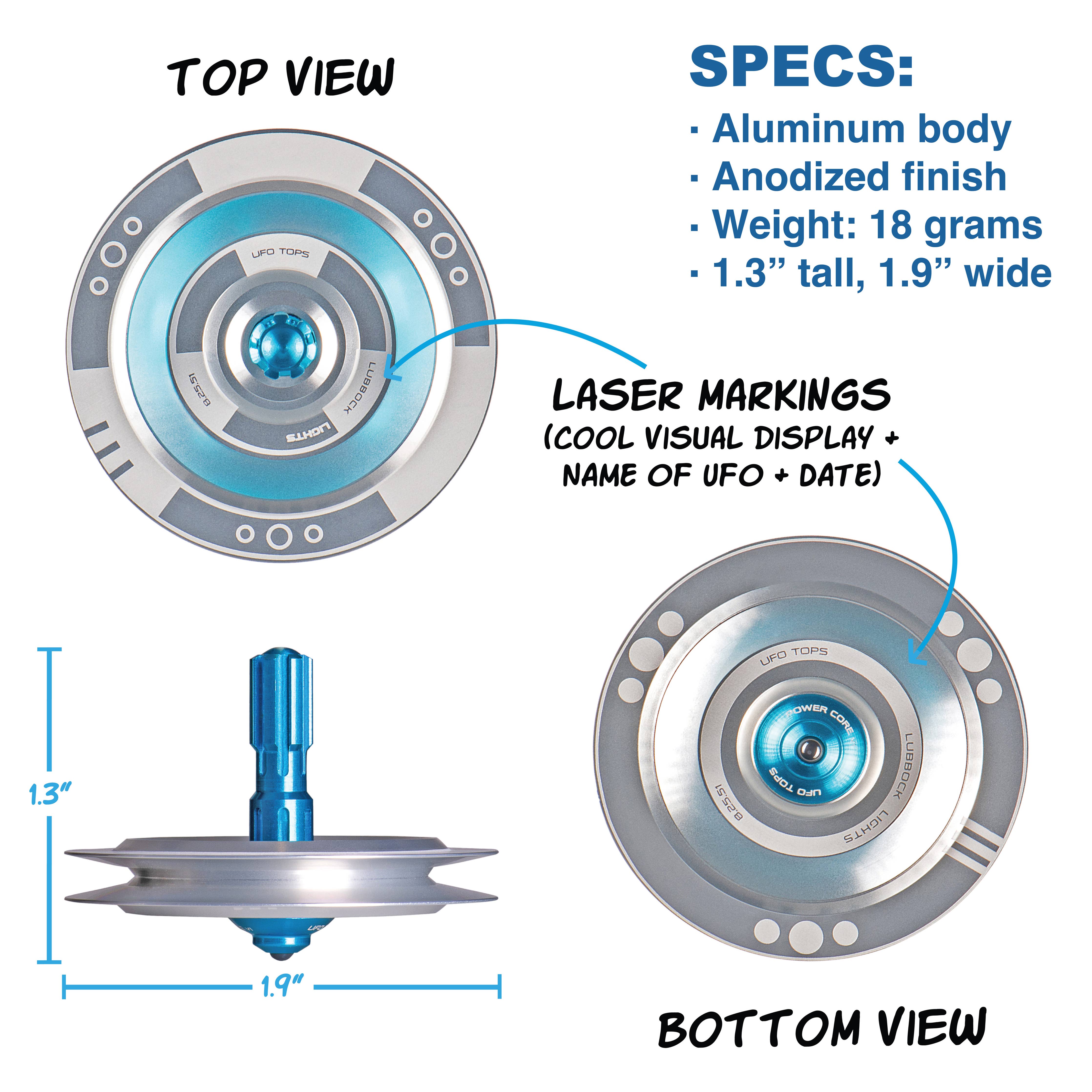 UFO Tops | Kreisel: Lubbock Lights | Kreisel aus Metall: Schwarzes Titan