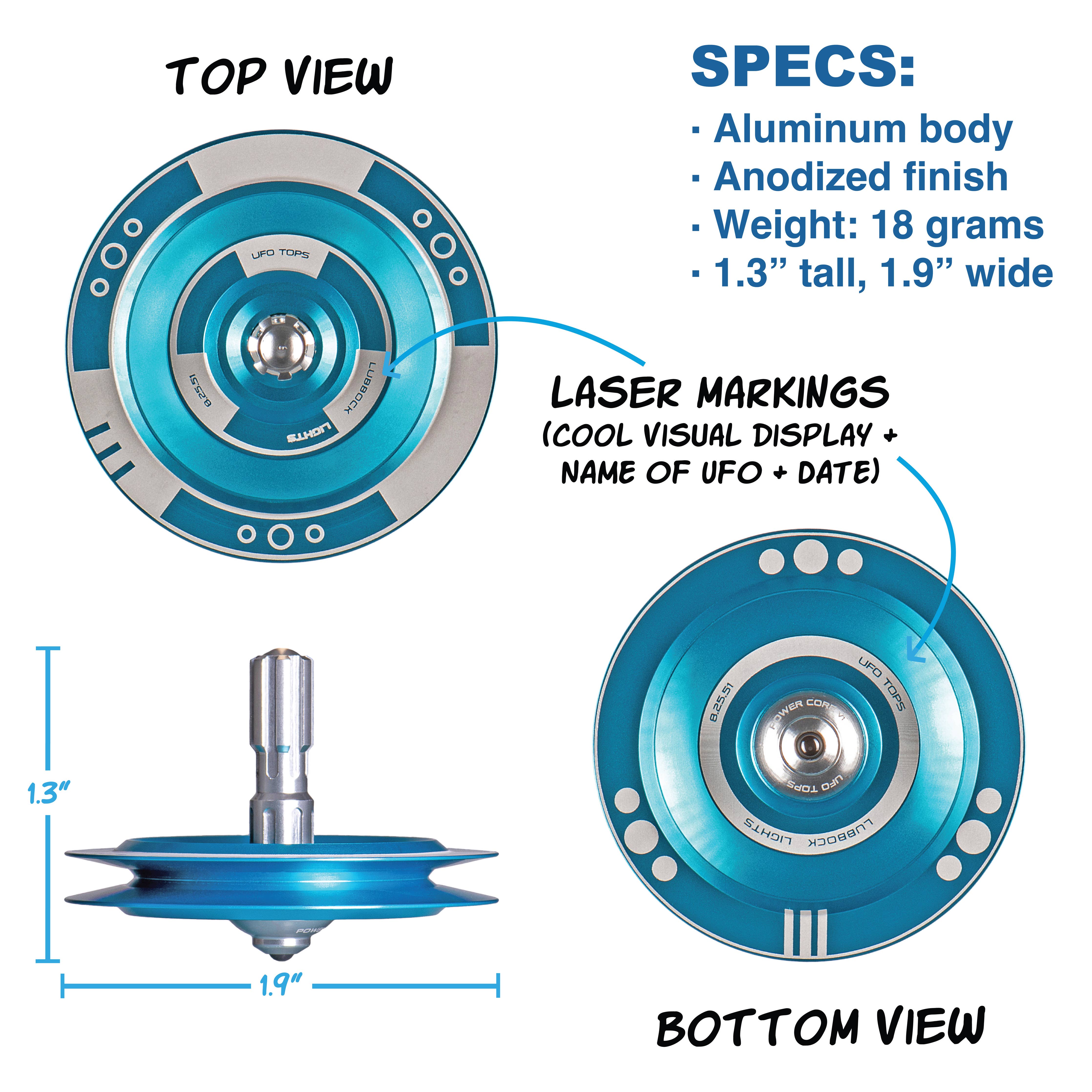 UFO Tops | Kreisel: Lubbock Lights | Kreisel aus Metall: Schwarzes Titan