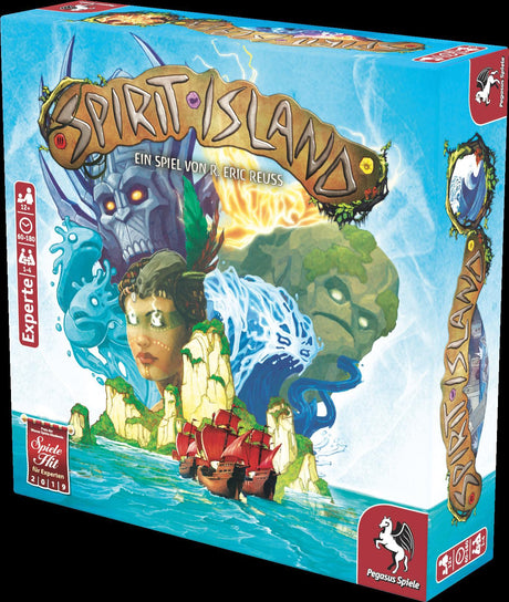 Spirit Island Brettspiel von Pegasus Spiele, Spielebox mit Insellandschaft und Charakteren