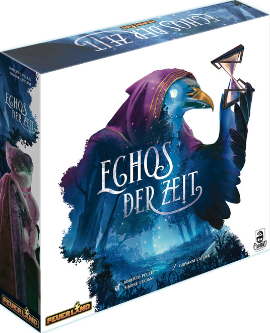 Echos der Zeit Brettspiel Verpackung mit mystischem Vogel und Landschaft