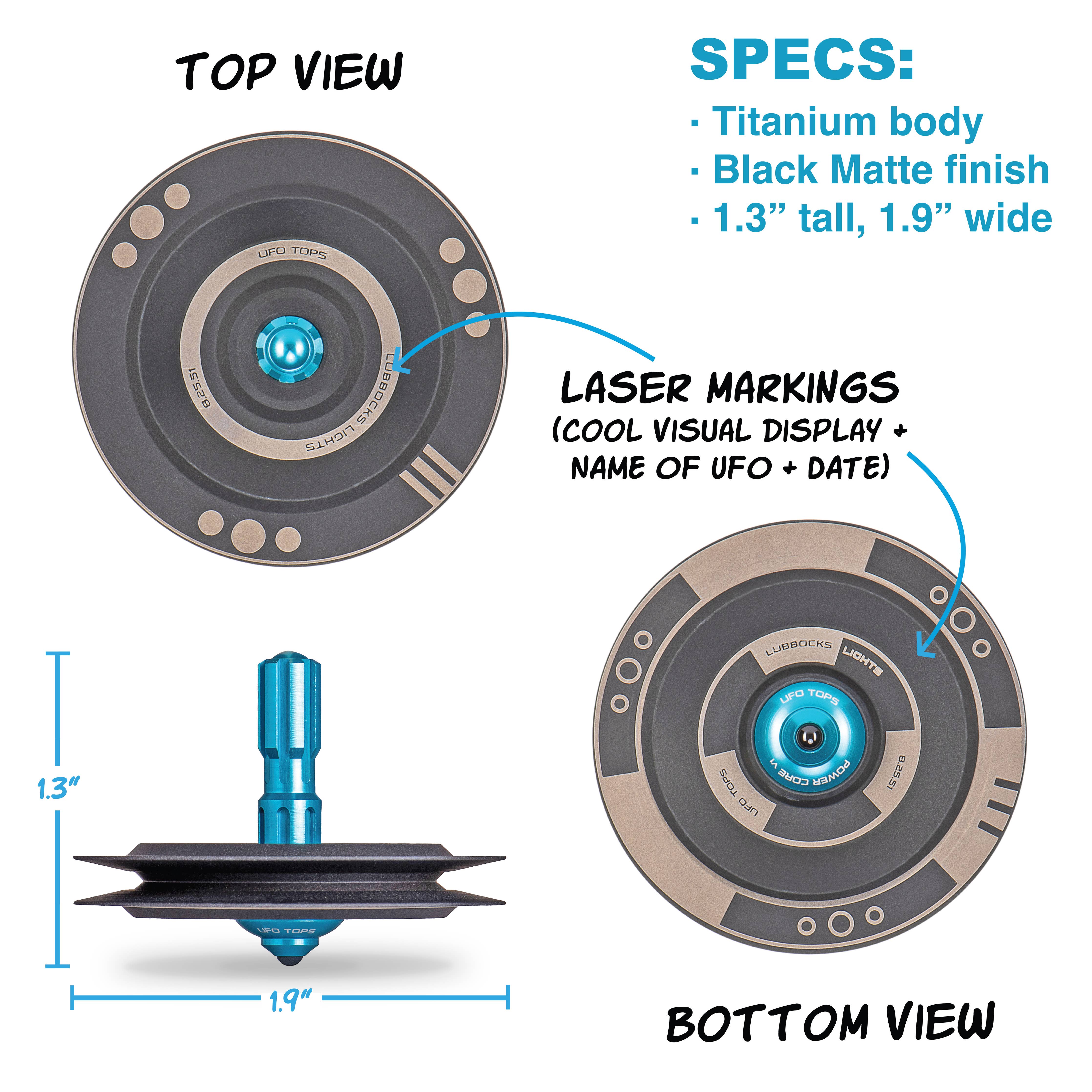 UFO Tops | Kreisel: Lubbock Lights | Kreisel aus Metall: Schwarzes Titan