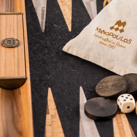 Backgammon | Kork (natur, schwarz) mit grauen und naturfarbenen Ecken | Größe 30x17cm