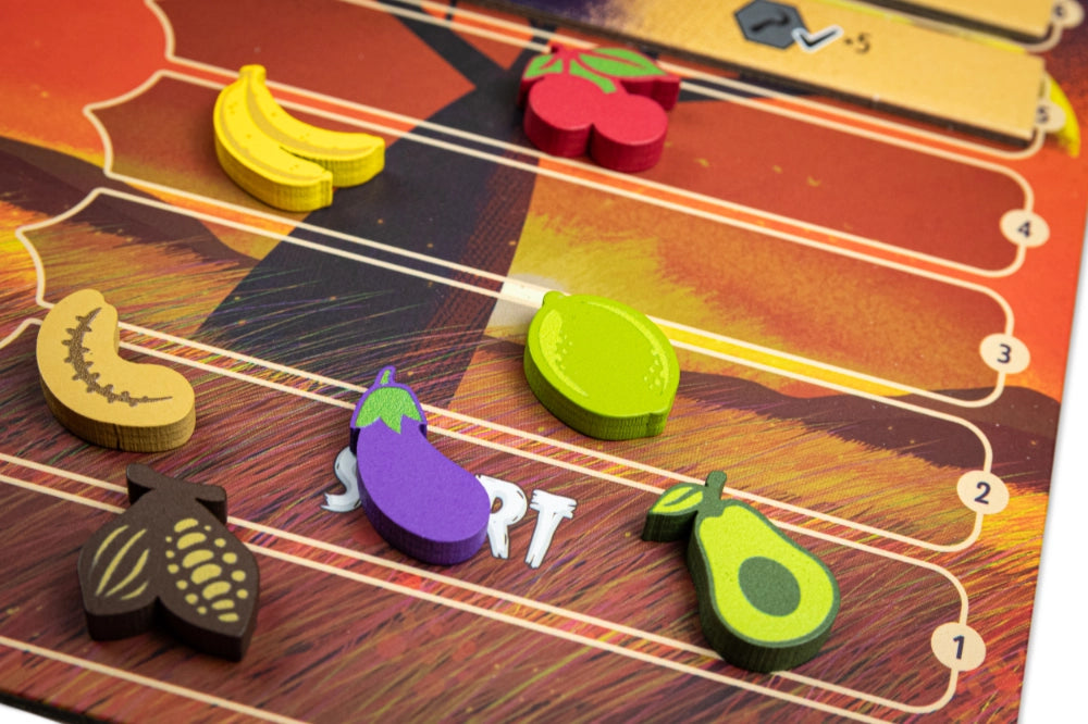# Alt-Text für das Produktbild:Brettspiel Click a tree mit bunten Obst- und Gemüse-Spielfiguren auf Spielbrett