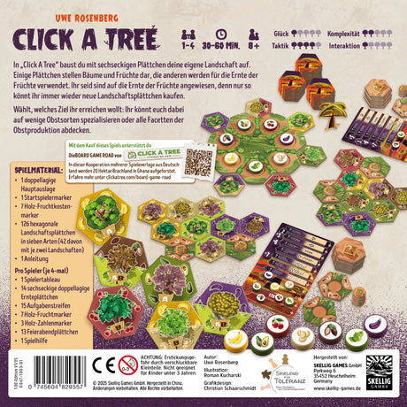 Click a Tree Brettspiel: Landschaftsplättchen, Früchte und Spielmaterial