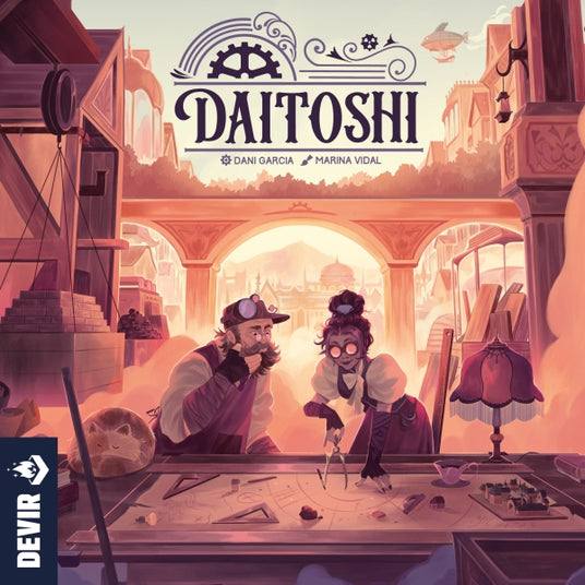 Daitoshi Brettspiel Cover mit Steampunk-Charakteren und Hafenkulisse