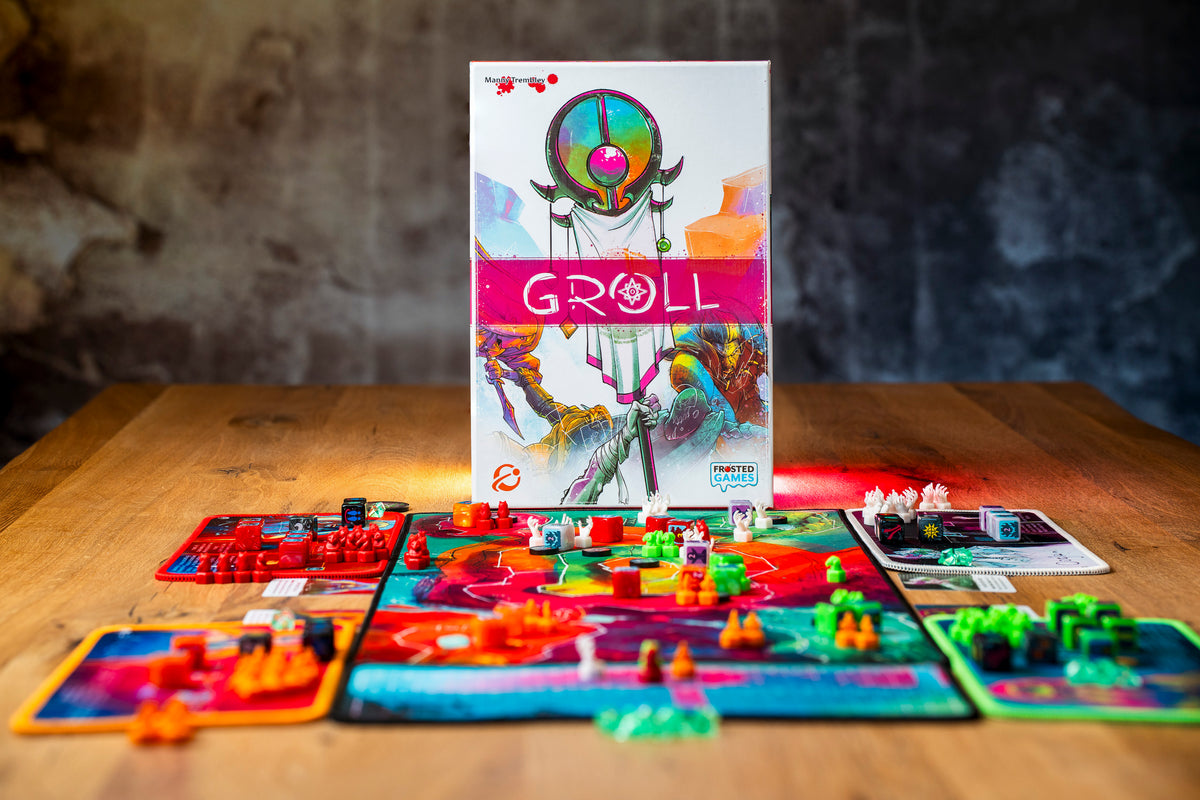 # GROLL Frosted Games Brettspiel mit Spielplan und farbigen Spielfiguren