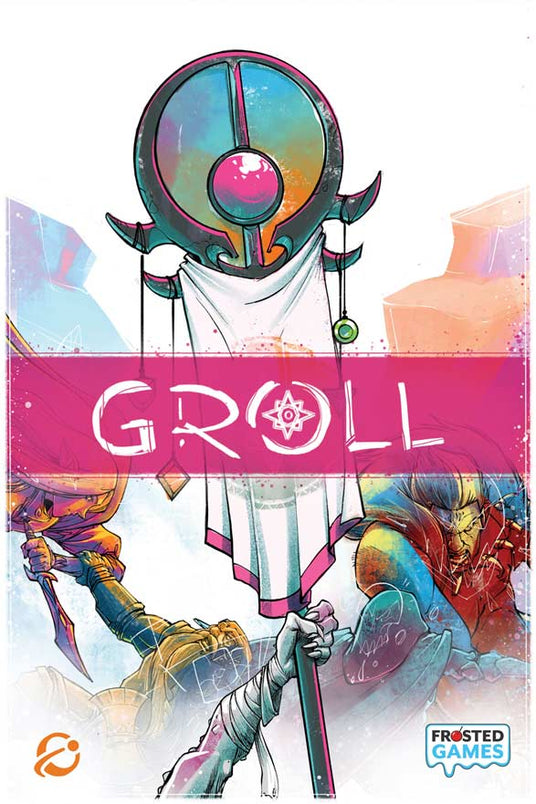 GROLL Frosted Games Brettspiel mit buntem Roboter und Fantasy-Charakteren