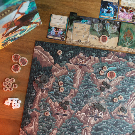 Ironwood Brettspiel Spielaufbau mit Spielplan, Tokens und Spielkarten